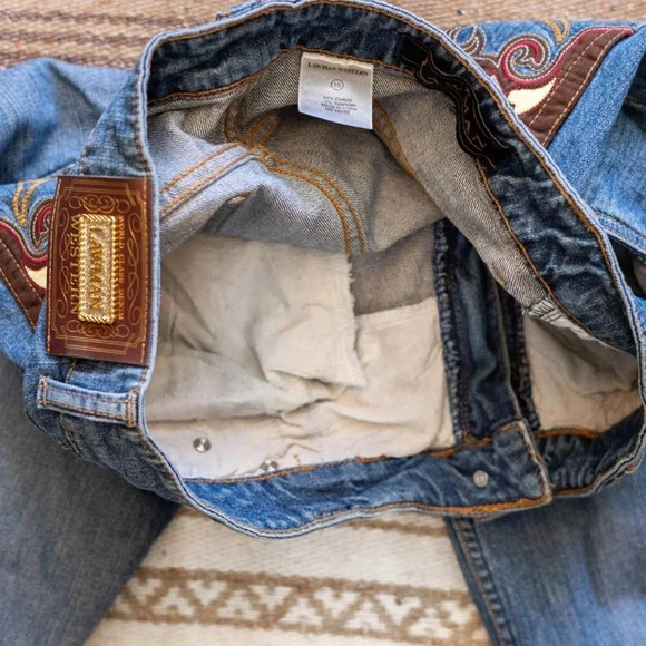 Vintage Lawman Jeans Sz 14/15 Western Bootcut Embroidered Gold Patchwork Arrows - Picture 6 of 12